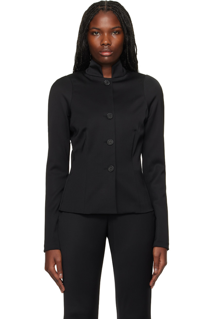 Stretch virgin wool-blend jersey jacket. 

· Spread collar 
· Button closure 
· Darts at front
· Rubberized logo at back collar

Supplier color: Black
