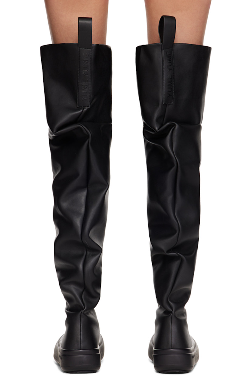 Over-the-knee buffed faux-leather slip-on boots in black. 

· Gathering throughout
· Rubber cap toe
· Logo-embossed pull-loops at collar
· Buffed faux-leather lining
· Logo embossed at outer midsole
· Treaded recycled rubber sole

Supplier color: Black