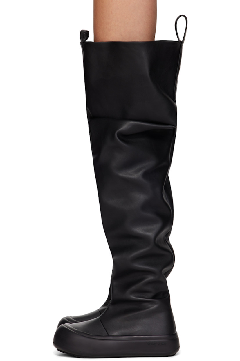 Over-the-knee buffed faux-leather slip-on boots in black. 

· Gathering throughout
· Rubber cap toe
· Logo-embossed pull-loops at collar
· Buffed faux-leather lining
· Logo embossed at outer midsole
· Treaded recycled rubber sole

Supplier color: Black