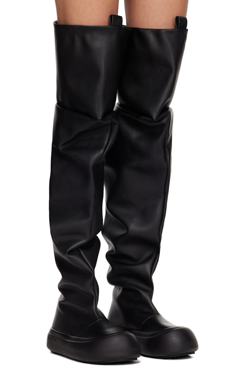 Over-the-knee buffed faux-leather slip-on boots in black. 

· Gathering throughout
· Rubber cap toe
· Logo-embossed pull-loops at collar
· Buffed faux-leather lining
· Logo embossed at outer midsole
· Treaded recycled rubber sole

Supplier color: Black