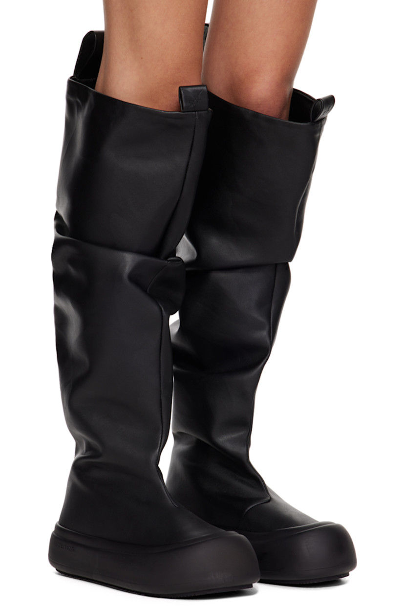 Knee-high buffed faux-leather slip-on boots in black. 

· Gathering throughout
· Rubber cap toe
· Logo-embossed pull-loops at collar
· Buffed faux-leather lining
· Logo embossed at outer midsole
· Treaded recycled rubber sole

Supplier color: Black