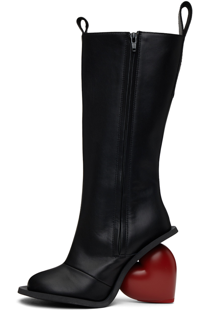 Calf-high buffed faux-leather boots in black.  

· Pull-loops at collar
· Zip closure at inner side
· Logo embossed at heel tab
· Sculptural heel with rubber injection
· Neolite foam rubber sole
· Heel: H3.75"

Supplier color: Black/Red