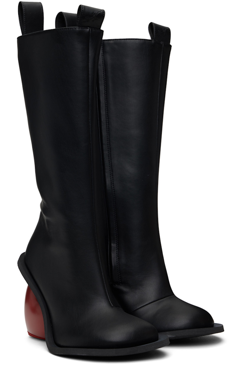 Calf-high buffed faux-leather boots in black.  

· Pull-loops at collar
· Zip closure at inner side
· Logo embossed at heel tab
· Sculptural heel with rubber injection
· Neolite foam rubber sole
· Heel: H3.75"

Supplier color: Black/Red
