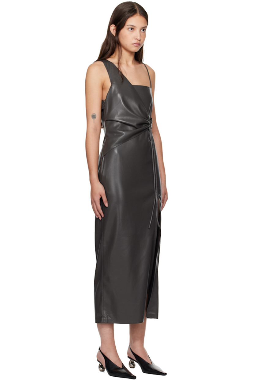 OKOBOR™ vegan leather midi dress.

· Asymmetrical and layered construction
· Straight neck 
· Draping and gathering at waist
· Slit at front
· Concealed zip closure at side seam
· Fully lined

Supplier color: Midnight green