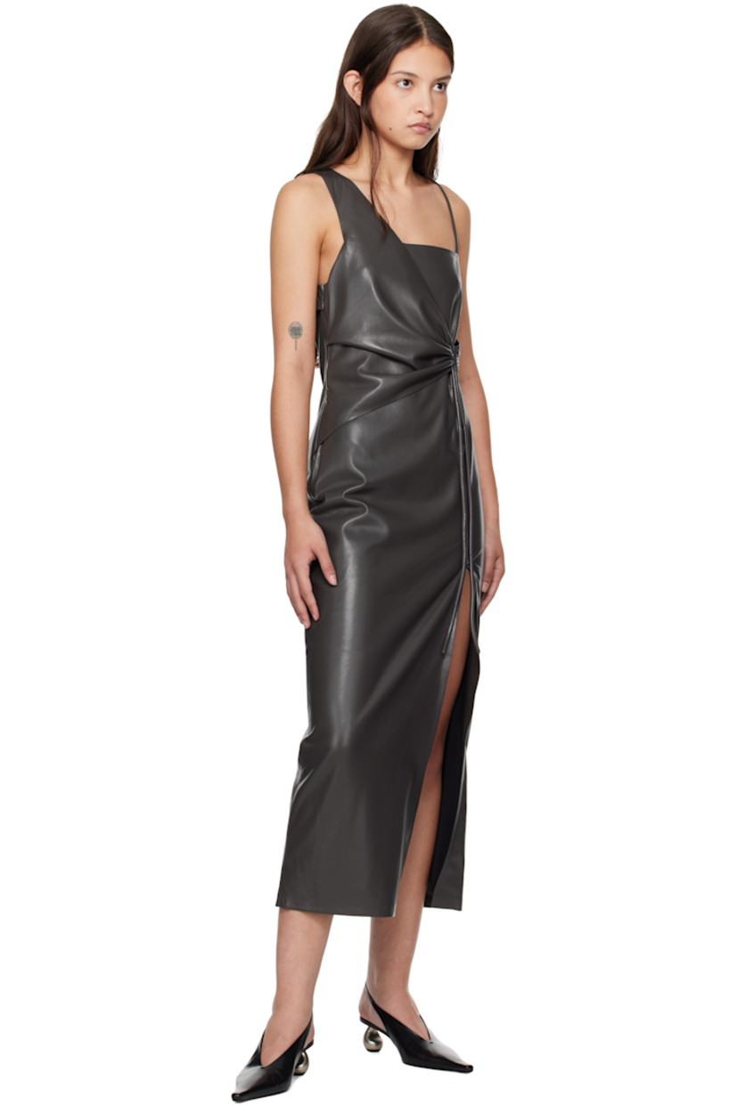 OKOBOR™ vegan leather midi dress.

· Asymmetrical and layered construction
· Straight neck 
· Draping and gathering at waist
· Slit at front
· Concealed zip closure at side seam
· Fully lined

Supplier color: Midnight green