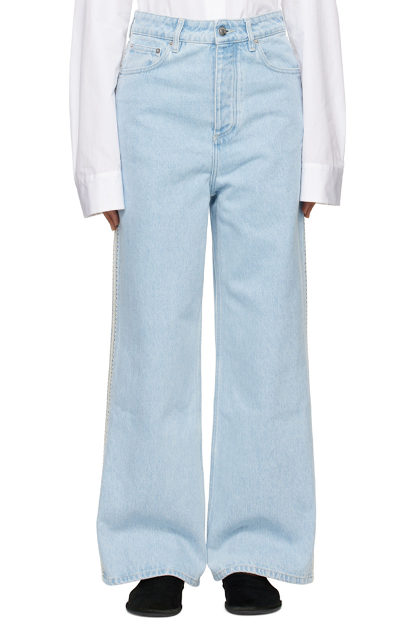 Loose-fit and wide-leg non-stretch organic cotton denim jeans. Fading throughout.

· Low-rise
· Belt loops
· Five-pocket styling
· Button-fly
· Crocheted trim at outseams
· Logo patch at back waistband 
· Logo embroidered at back pockets 
· Logo-engraved silver-tone hardware
· Contrast stitching in beige 

Supplier color: Eco bleach/Creme