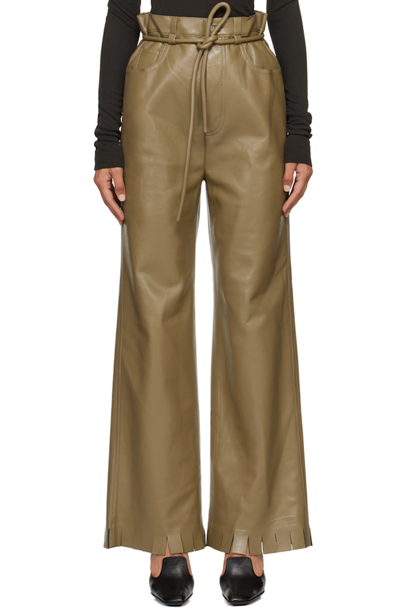 Loose-fit coated vegan leather trousers. 

· Belt loops with detachable self-tie belt 
· Five-pocket styling
· Button-fly
· Fringed detailing at cuffs 
· Faux-suede interior 

Supplier color: Muted khaki