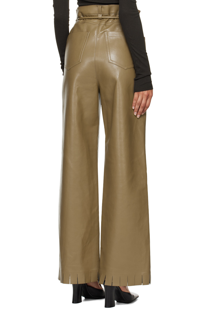 Loose-fit coated vegan leather trousers. 

· Belt loops with detachable self-tie belt 
· Five-pocket styling
· Button-fly
· Fringed detailing at cuffs 
· Faux-suede interior 

Supplier color: Muted khaki