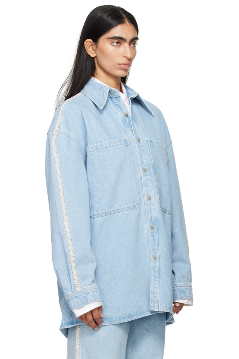 Non-stretch denim shirt. Fading throughout.

· Spread collar
· Button closure
· Patch pockets
· Dropped shoulders 
· Crocheted trim at sleeves
· Pleat at single-button barrel cuffs
· Logo-engraved silver-tone hardware
· Contrast stitching in beige 

Supplier color: Eco bleach/Creme