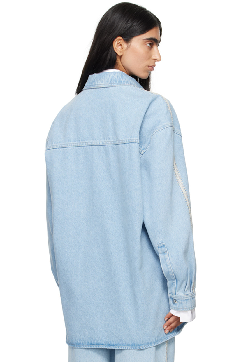 Non-stretch denim shirt. Fading throughout.

· Spread collar
· Button closure
· Patch pockets
· Dropped shoulders 
· Crocheted trim at sleeves
· Pleat at single-button barrel cuffs
· Logo-engraved silver-tone hardware
· Contrast stitching in beige 

Supplier color: Eco bleach/Creme