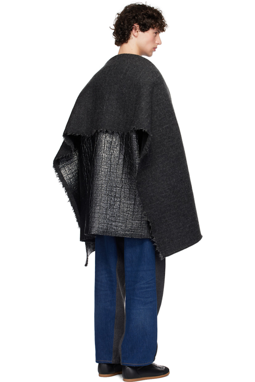 Vinyl-coated knit wool coat. Raw edges throughout.

· Shawl lapel
· Open front
· Seam pockets
· Logo-engraved silver-tone hardware at side seam
· Dropped shoulders

Supplier color: Glossy black