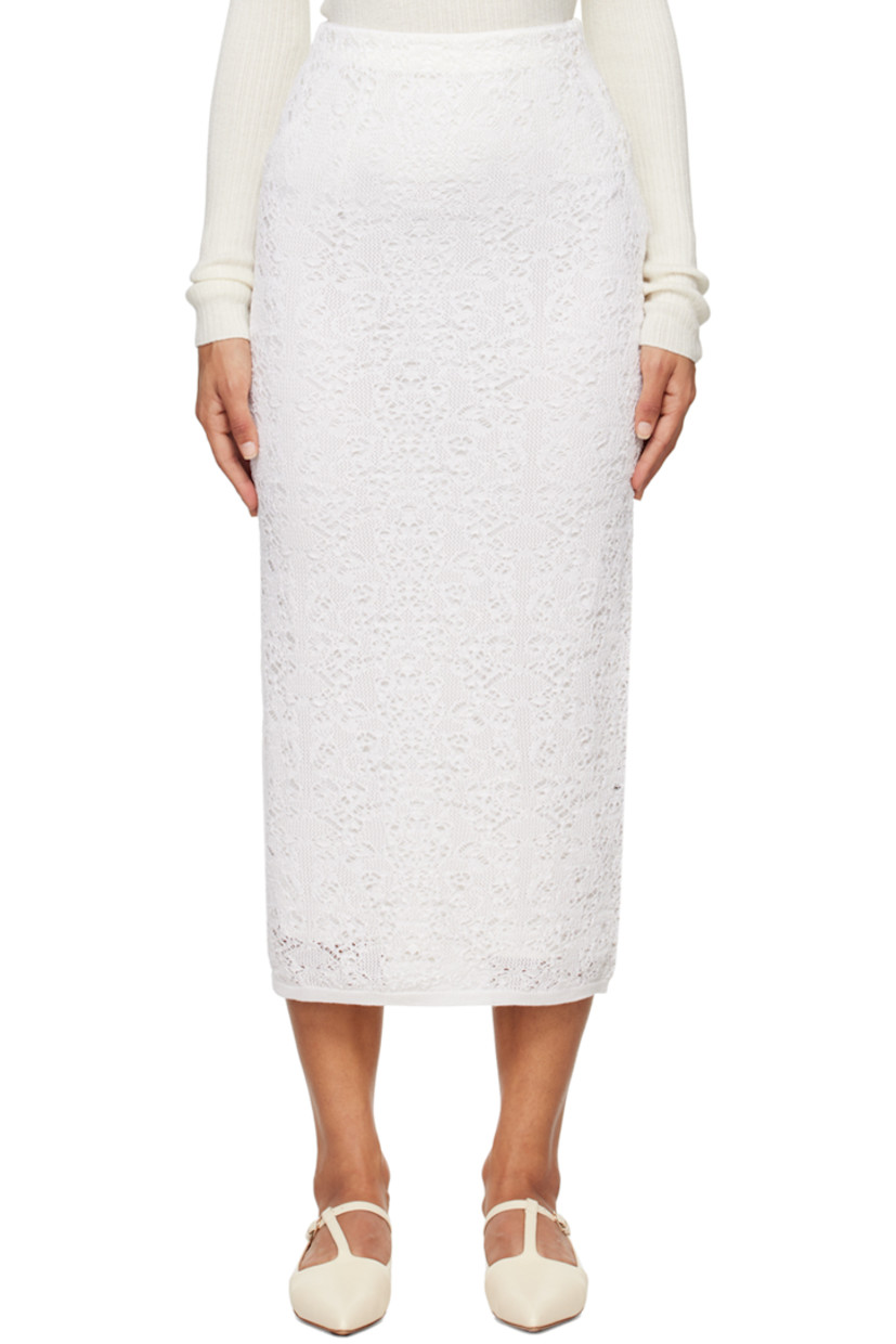 Pointelle knit silk skirt. 

· Elasticized waistband
· Rib knit hem
· Concealed zip closure at side
· Detachable satin lining

Supplier color: Ivory