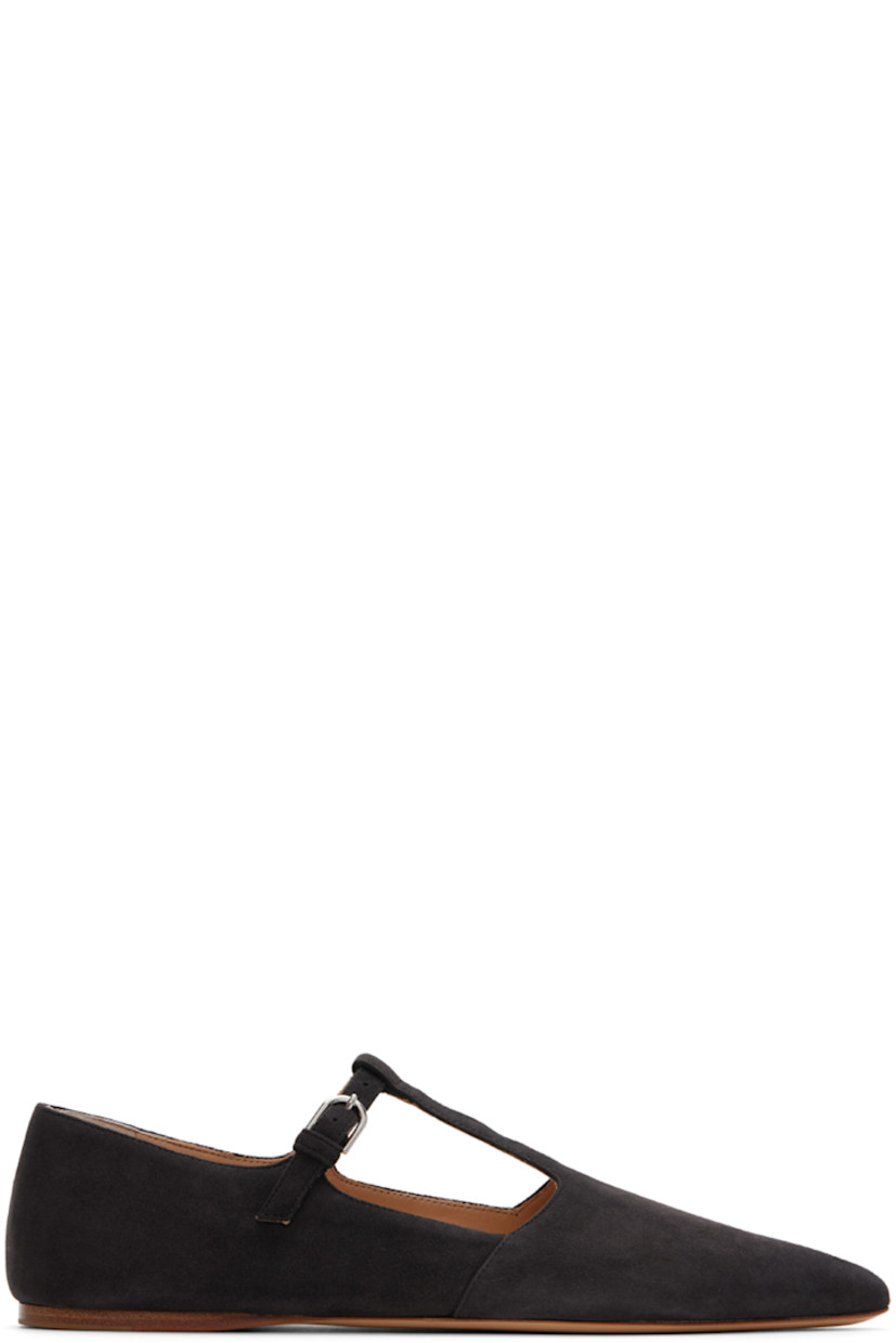 Suede ballerina flats in black.

· Pointed toe
· Pin-buckle T-bar strap at vamp
· Nappa leather lining
· Calfskin sole with rubber injection

Supplier color: Black