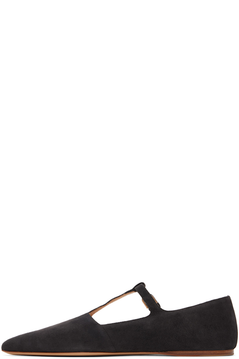 Suede ballerina flats in black.

· Pointed toe
· Pin-buckle T-bar strap at vamp
· Nappa leather lining
· Calfskin sole with rubber injection

Supplier color: Black
