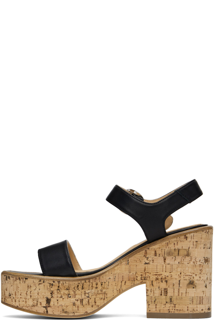 Buffed nappa calfskin heeled sandals in black.

· Open toe
· Pin-buckle ankle strap
· Logo patch at padded footbed
· Cork platform midsole
· Cork block heel
· Leather sole with rubber injection 
· Platform: H1.75" 
· Heel: H4.25"

Supplier color: Black
