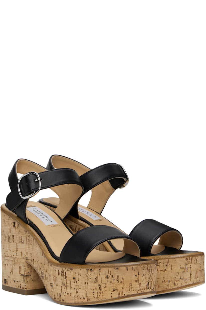 Buffed nappa calfskin heeled sandals in black.

· Open toe
· Pin-buckle ankle strap
· Logo patch at padded footbed
· Cork platform midsole
· Cork block heel
· Leather sole with rubber injection 
· Platform: H1.75" 
· Heel: H4.25"

Supplier color: Black