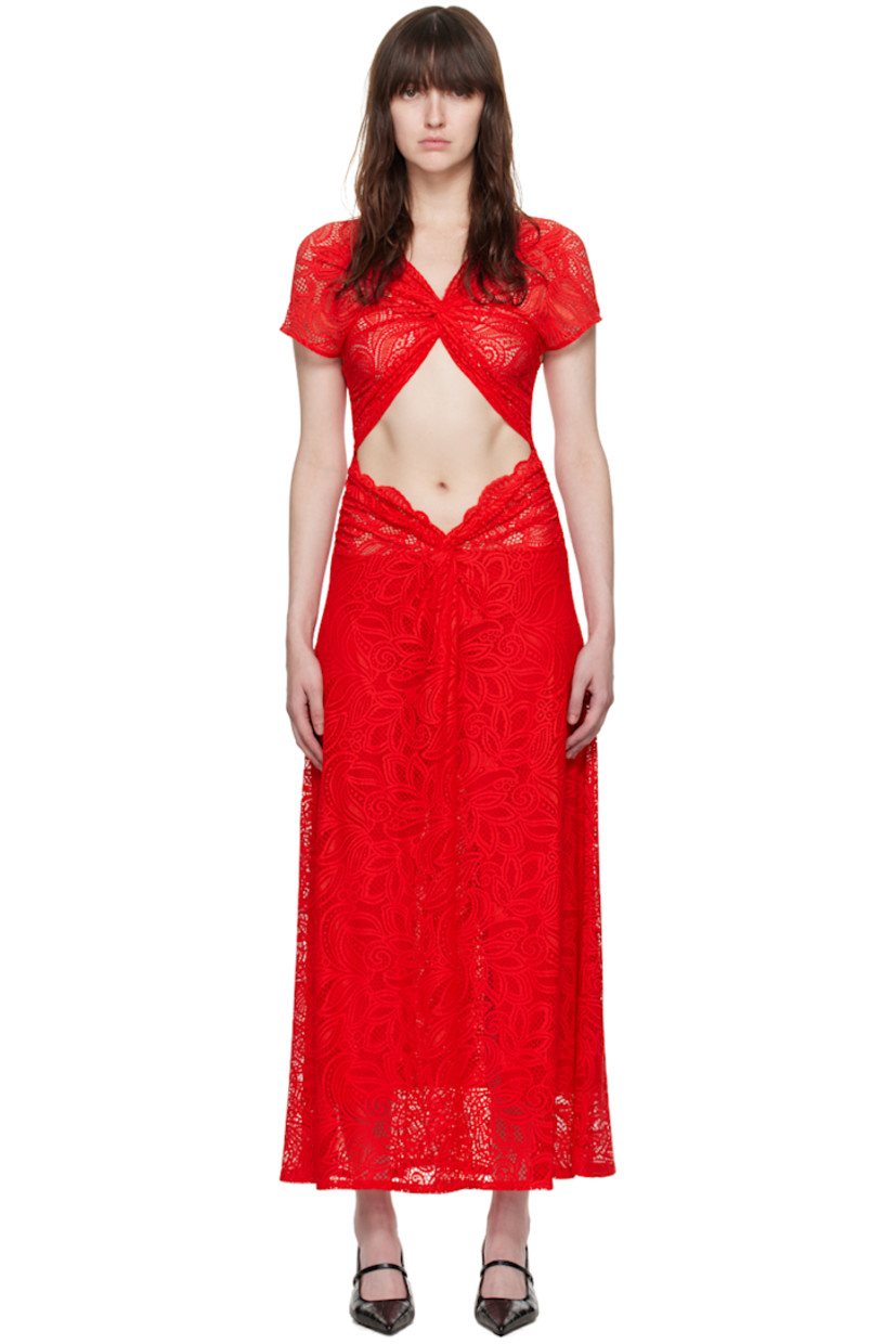 Semi-sheer stretch nylon-blend lace dress. Gathering, floral pattern, and scalloped edges throughout.

· Twisted detailing at V-neck
· Cutout at waist
· Vent at front hem
· Elasticized cuffs
· Partial stretch nylon voile lining

Supplier color: Red