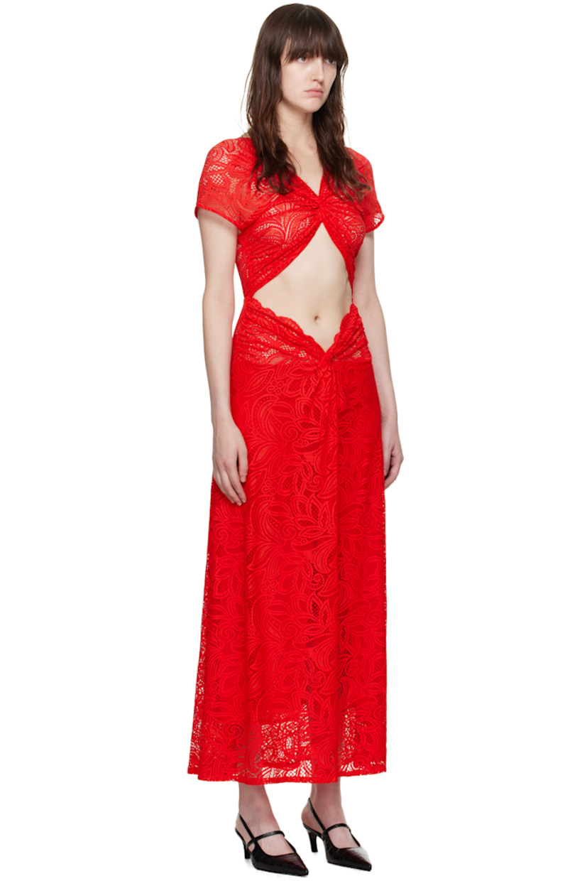 Semi-sheer stretch nylon-blend lace dress. Gathering, floral pattern, and scalloped edges throughout.

· Twisted detailing at V-neck
· Cutout at waist
· Vent at front hem
· Elasticized cuffs
· Partial stretch nylon voile lining

Supplier color: Red