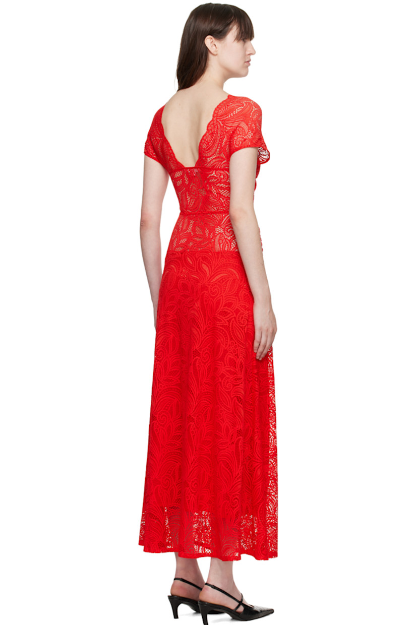 Semi-sheer stretch nylon-blend lace dress. Gathering, floral pattern, and scalloped edges throughout.

· Twisted detailing at V-neck
· Cutout at waist
· Vent at front hem
· Elasticized cuffs
· Partial stretch nylon voile lining

Supplier color: Red