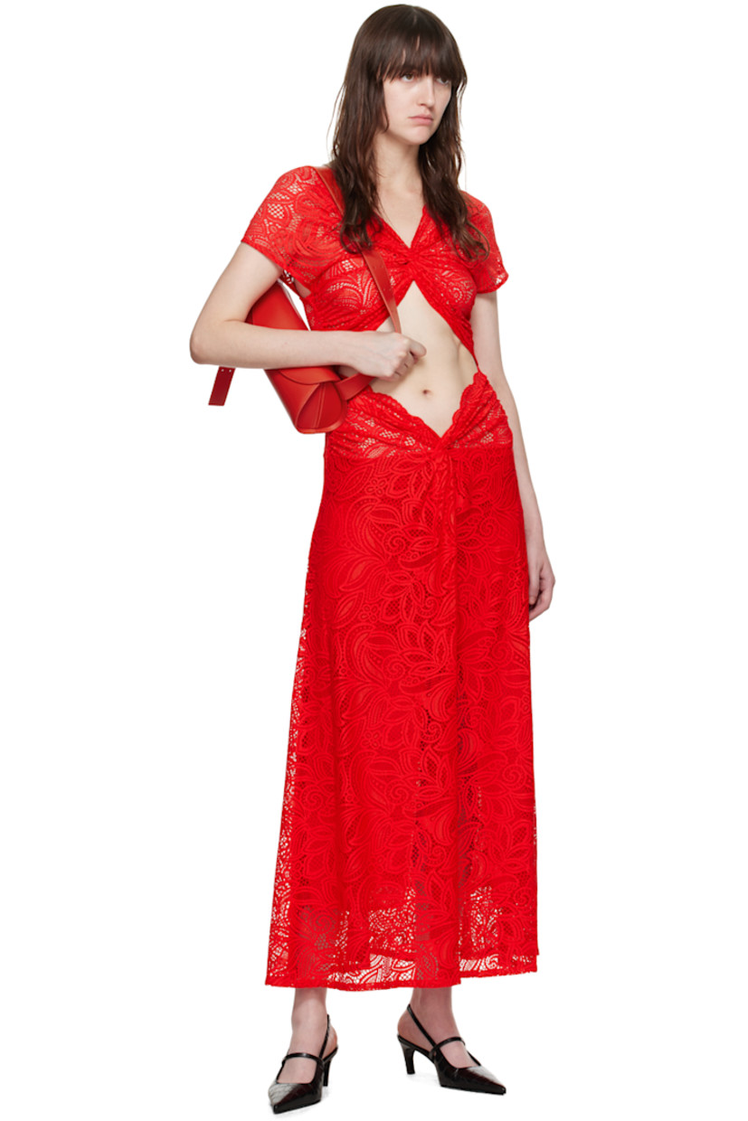 Semi-sheer stretch nylon-blend lace dress. Gathering, floral pattern, and scalloped edges throughout.

· Twisted detailing at V-neck
· Cutout at waist
· Vent at front hem
· Elasticized cuffs
· Partial stretch nylon voile lining

Supplier color: Red