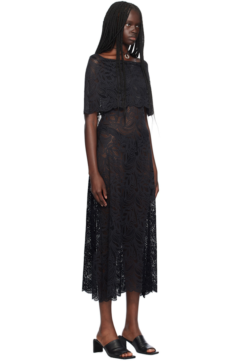 A-line lightweight and sheer stretch nylon-blend lace dress. Floral pattern and scalloped edges throughout.

· Off-the-shoulder construction
· Foldover neck

Supplier color: Black
