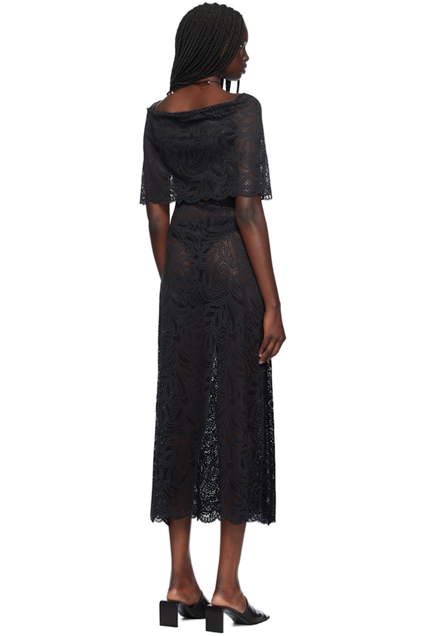 A-line lightweight and sheer stretch nylon-blend lace dress. Floral pattern and scalloped edges throughout.

· Off-the-shoulder construction
· Foldover neck

Supplier color: Black