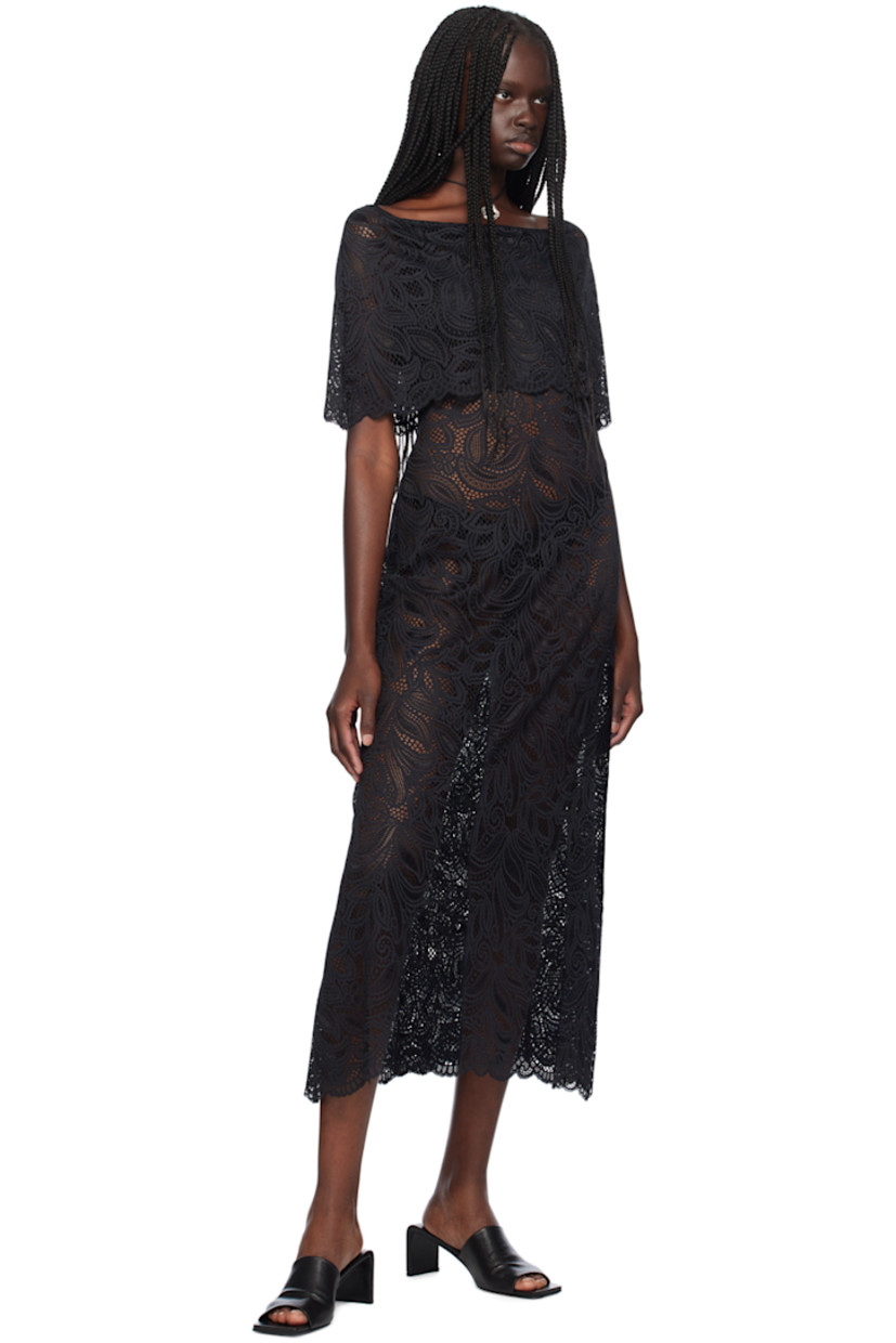 A-line lightweight and sheer stretch nylon-blend lace dress. Floral pattern and scalloped edges throughout.

· Off-the-shoulder construction
· Foldover neck

Supplier color: Black