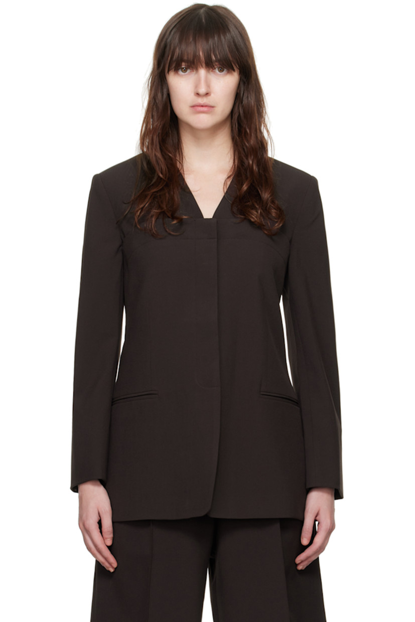 Stretch polyester- and viscose-blend barathea blazer. Detachable button panel for alternate styling. 

· V-neck
· Concealed button closure
· Welt pockets
· Three-button surgeon's cuffs
· Full cupro- and viscose-blend satin lining

Supplier color: Umber