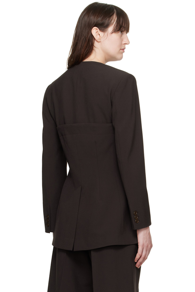 Stretch polyester- and viscose-blend barathea blazer. Detachable button panel for alternate styling. 

· V-neck
· Concealed button closure
· Welt pockets
· Three-button surgeon's cuffs
· Full cupro- and viscose-blend satin lining

Supplier color: Umber