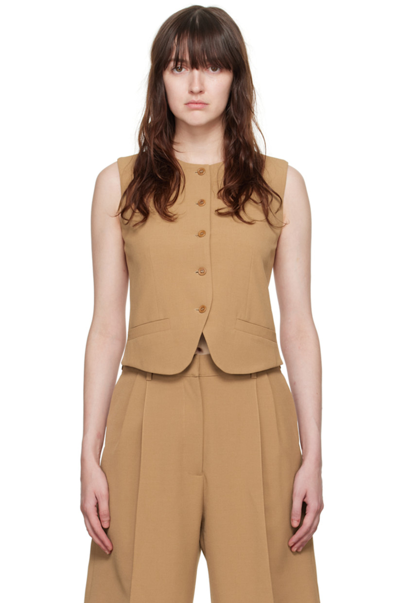 Stretch polyester- and viscose-blend barathea vest. 

· Round neck
· Button closure
· Darts at front
· Welt pockets
· Cinch strap at back
· Full cupro- and viscose-blend satin lining

Available exclusively at SSENSE.

Supplier color: Camel