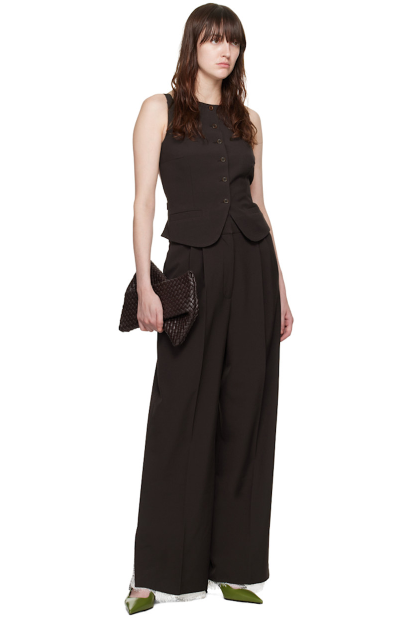 Stretch polyester- and viscose-blend barathea trousers.

· Lace trim at waistband and vented cuffs
· Belt loops
· Four-pocket styling
· Zip-fly
· Pleats at front
· Creased legs

Supplier color: Umber