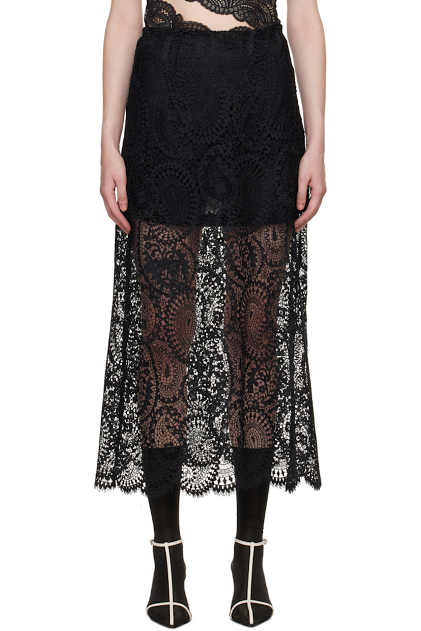 Sheer polyester lace skirt. Paisley pattern throughout.

· Belt loops
· Scalloped edge at hem
· Concealed zip closure at side seam
· Detachable stretch nylon jersey slip 

Available exclusively at SSENSE.

Supplier color: Black