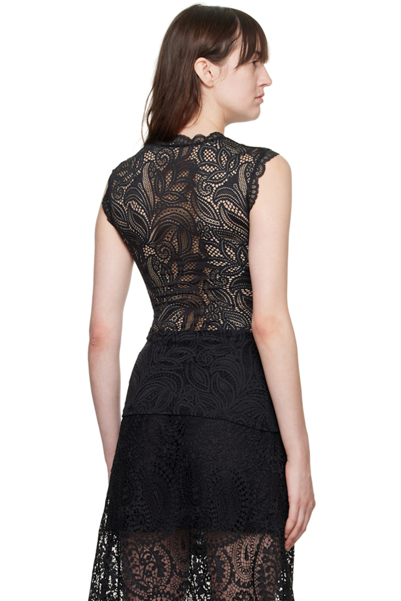 Sheer stretch nylon-blend lace blouse. Floral pattern and scalloped edges throughout.

· Round neck
· Asymmetric cutout at front

Supplier color: Black