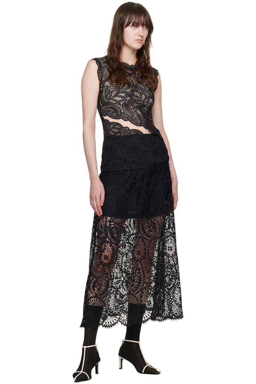 Sheer stretch nylon-blend lace blouse. Floral pattern and scalloped edges throughout.

· Round neck
· Asymmetric cutout at front

Supplier color: Black