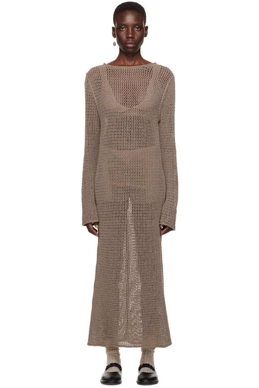 Hand-loomed semi-sheer open knit pima cotton- and linen-blend dress. Jacquard chevron pattern throughout.

· Crewneck
· Rolled edge at hem and cuffs
· Self-tie fastening at back collar
· Keyhole at back

Supplier color: Wood
