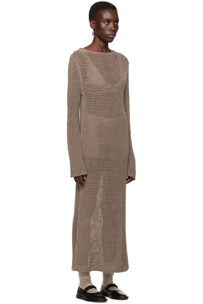 Hand-loomed semi-sheer open knit pima cotton- and linen-blend dress. Jacquard chevron pattern throughout.

· Crewneck
· Rolled edge at hem and cuffs
· Self-tie fastening at back collar
· Keyhole at back

Supplier color: Wood