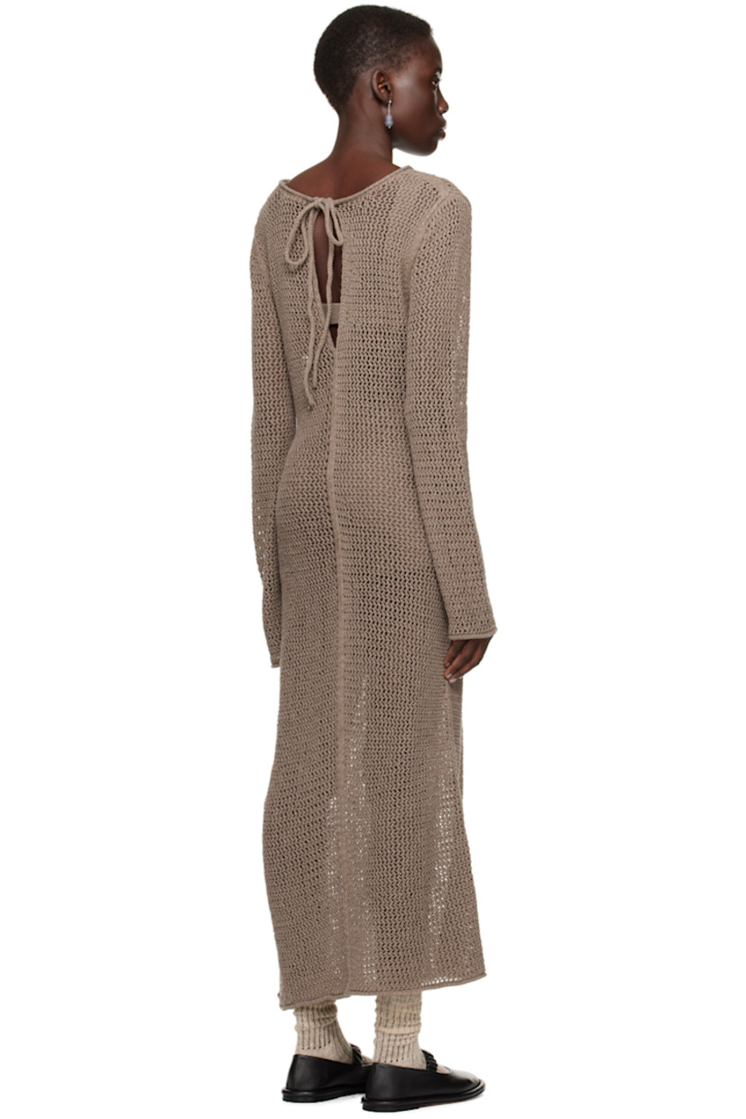 Hand-loomed semi-sheer open knit pima cotton- and linen-blend dress. Jacquard chevron pattern throughout.

· Crewneck
· Rolled edge at hem and cuffs
· Self-tie fastening at back collar
· Keyhole at back

Supplier color: Wood