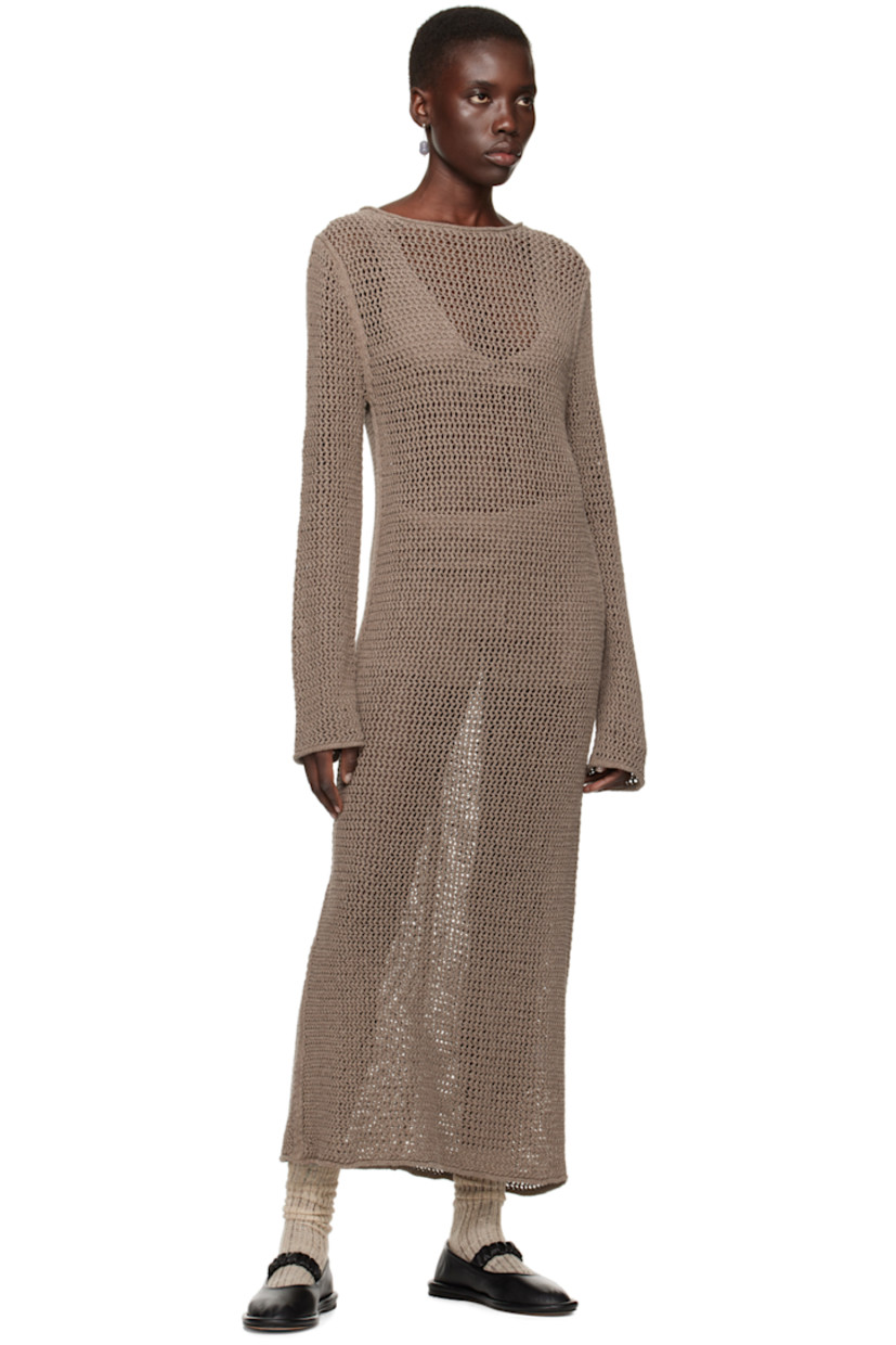 Hand-loomed semi-sheer open knit pima cotton- and linen-blend dress. Jacquard chevron pattern throughout.

· Crewneck
· Rolled edge at hem and cuffs
· Self-tie fastening at back collar
· Keyhole at back

Supplier color: Wood