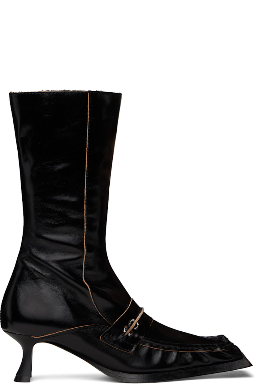 Mid-calf grained leather boots in black.

· Gathering at square moc toe
· Strap with pinched seam at vamp
· Graphic hardware 
· Zip closure at inner side
· Grained leather lining
· Covered heel with rubber injection
· Nubuck sole with rubber injection
· Heel: H2.25"

Supplier color: Black