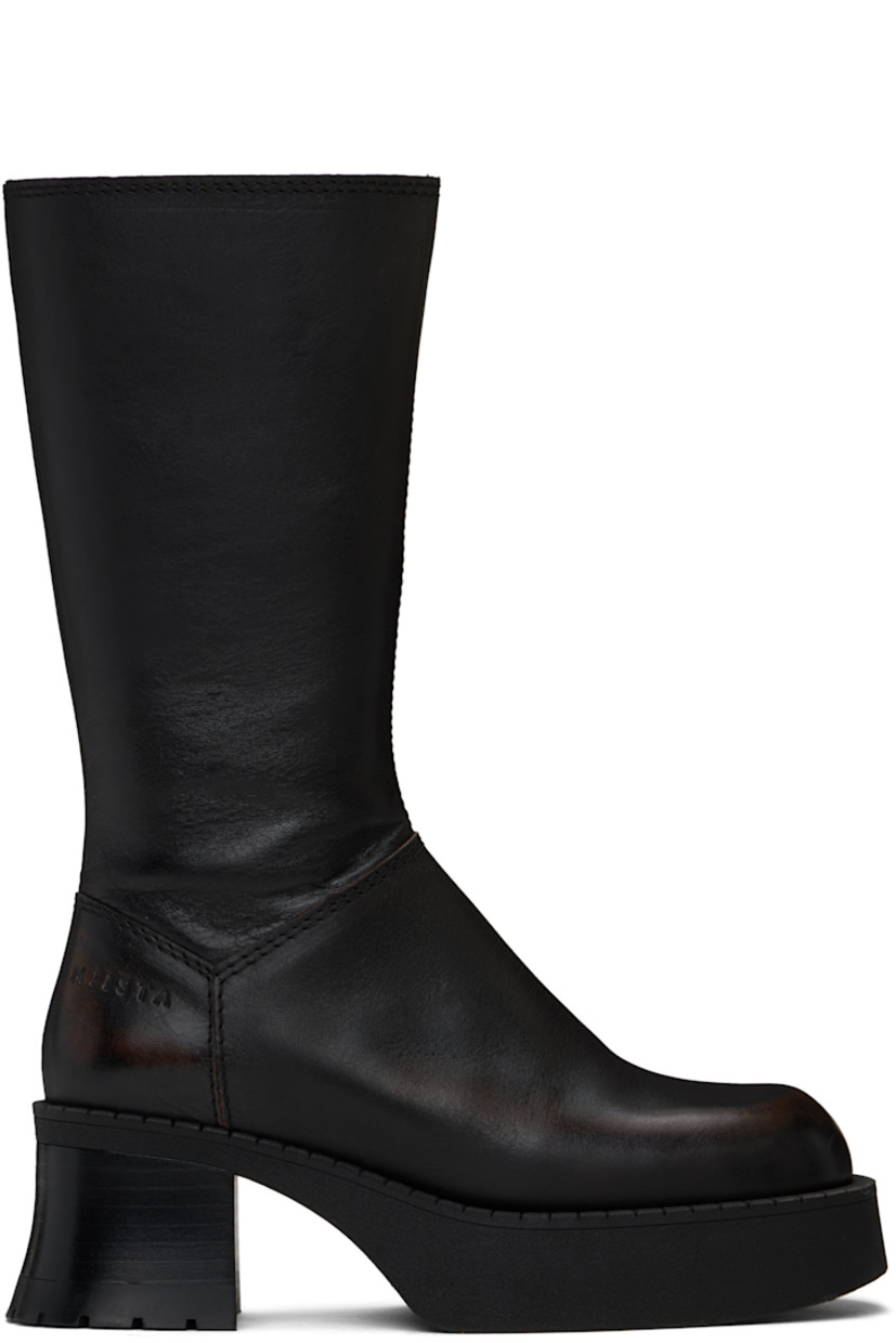 Mid-calf grained leather boots in brown.

· Elasticized gusset at collar
· Zip closure at inner side
· Logo embossed at outer side
· Grained faux-leather lining
· Serrated detailing at welt
· Block leather heel with rubber injection
· Textured rubber platform midsole
· Treaded rubber sole
· Platform: H1.25"
· Heel: H2"

Supplier color: Brown