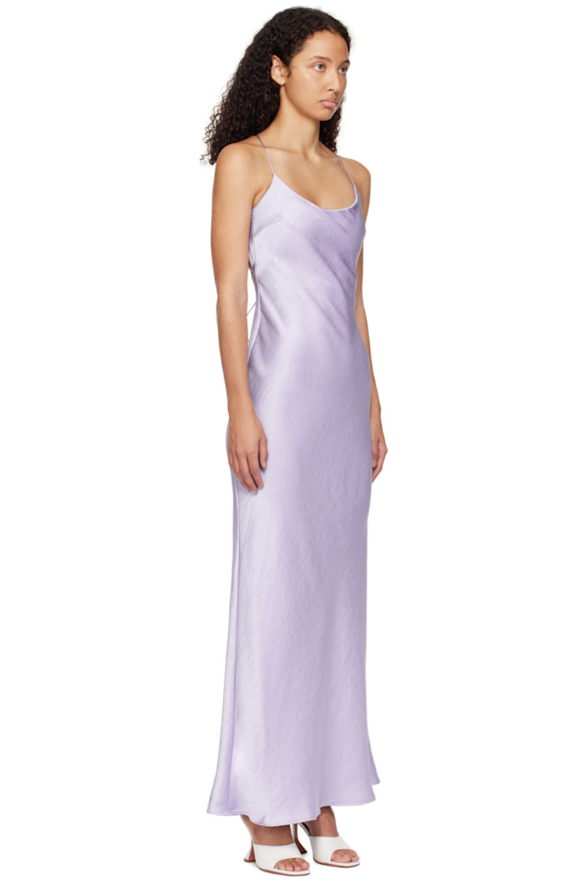 Polyester satin maxi dress. 

· Scoop neck
· Darts at chest
· Fixed spaghetti straps
· Self-tie fastening at open back
· Concealed zip closure at back

Supplier color: Lilac