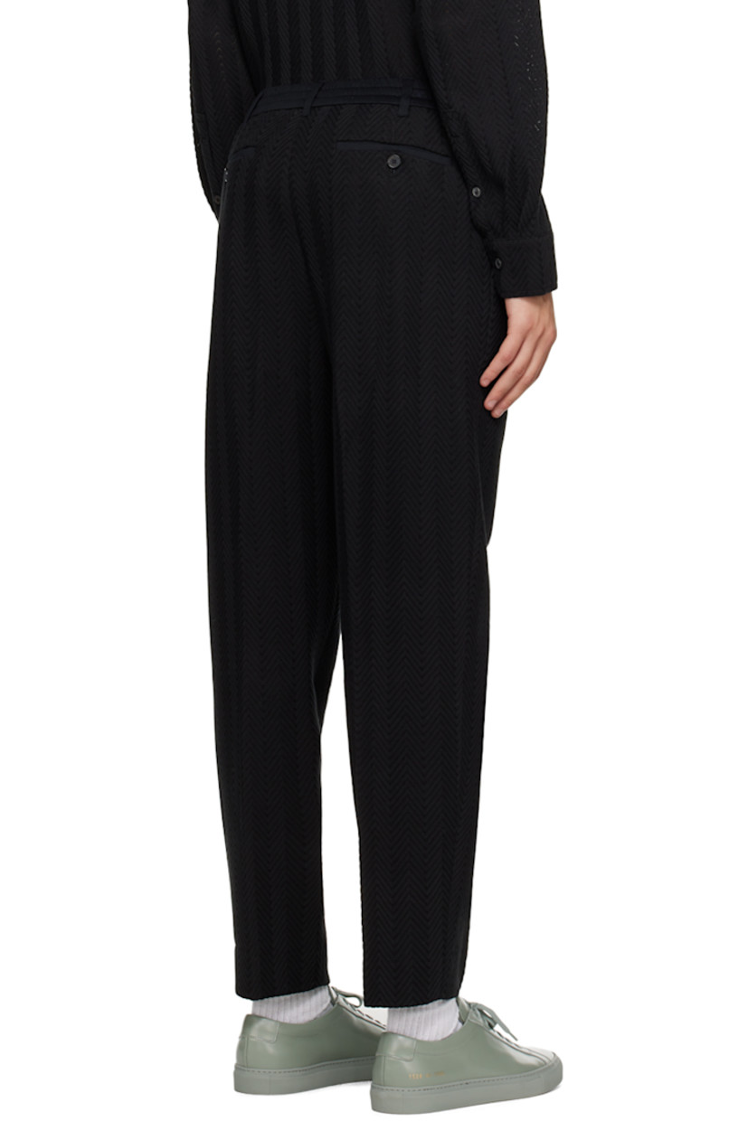 Knit cotton- and viscose-blend trousers. Herringbone pattern throughout.

· Belt loops
· Concealed drawstring at elasticized waistband
· Four-pocket styling
· Zip-fly
· Creased legs 

Supplier color: Black beauty