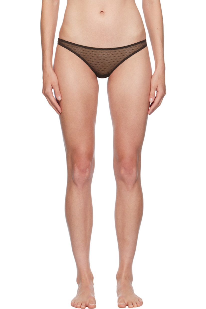 Semi-sheer nylon tulle briefs. Floral pattern throughout. 

· Elasticized waistband
· Partial cotton jersey lining

Supplier color: Chocolate
