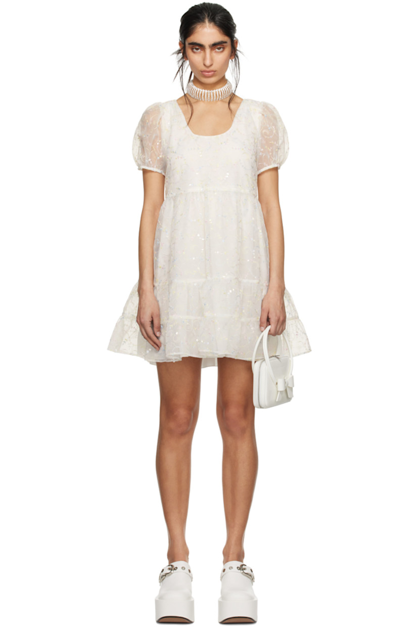 Semi-sheer polyester organza dress. Gathering, sequins, and graphic metallic thread detailing throughout.

· Tiered construction
· Scoop neck
· Puff sleeves 
· Full crepe lining 

Part of the exclusive SSENSE Bridal capsule.

Supplier color: Cream multi