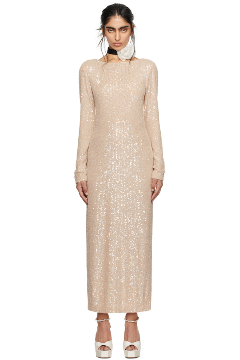 Sequinned stretch polyester mesh dress.

· Round neck
· Self-tie straps at open back
· Central vent at back hem
· Full stretch mesh lining 

Part of the exclusive SSENSE Bridal capsule.

Supplier color: Champagne