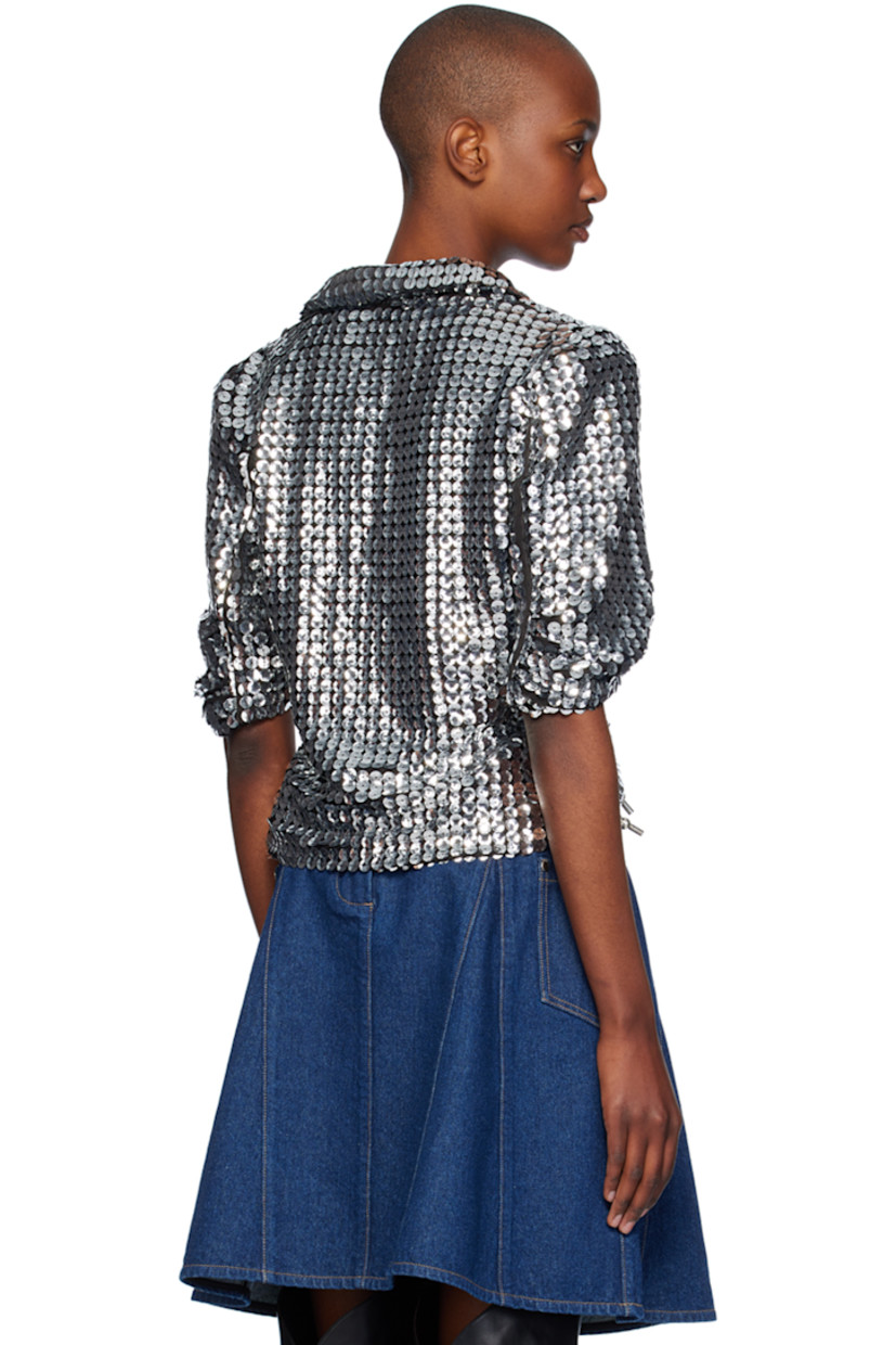 Sequinned stretch polyester mesh jacket.

· Notched lapel
· Single-button fastening at open front 
· Cropped hem
· Full mesh lining 

Supplier color: Silver multi