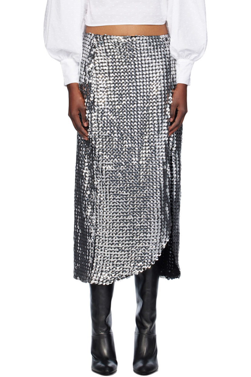 Sequinned stretch polyester mesh midi skirt.

· Zip closure at waistband 
· Vent at front hem
· Full mesh lining 

Supplier color: Silver multi
