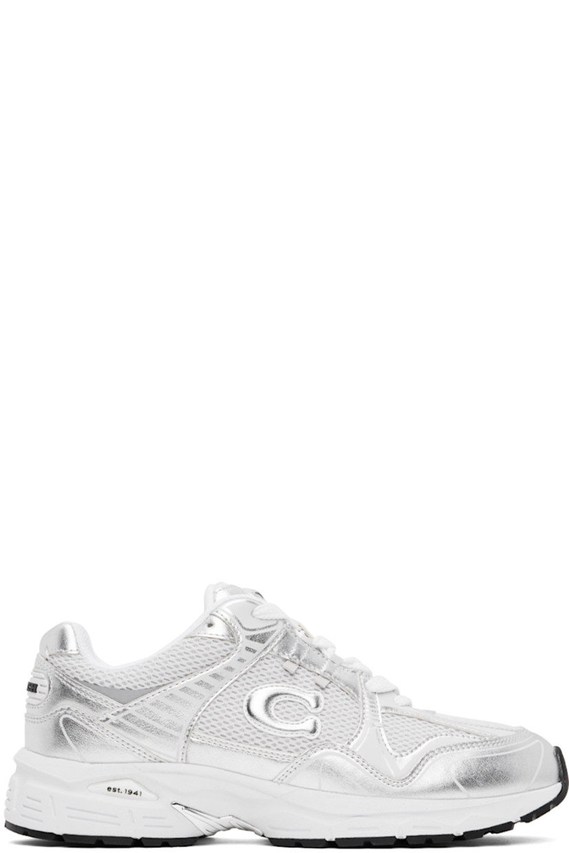 Low-top mesh and grained faux-leather sneakers in white and metallic silver tone.

· Lace-up closure
· Logo patch at padded tongue
· Padded collar
· Logo appliqué at outer side
· Rubberized logo patch at heel counter
· Logo embossed at EVA foam rubber midsole
· Treaded EVA foam rubber sole

Supplier color: Optic white