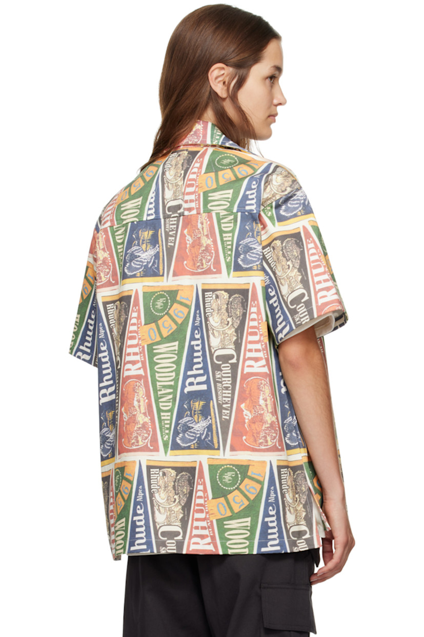 Brushed cotton twill shirt. Logo graphic pattern printed throughout.

· Open spread collar
· Press-stud closure
· Vented side seams
· Logo-engraved silver-tone hardware

Supplier color: Multi