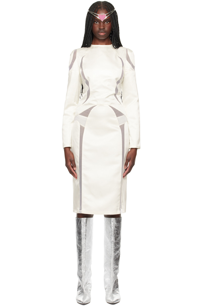 Viscose- and silk-blend satin and sheer tulle dress. 

· Paneled construction 
· Round neck
· Concealed zip closure at back
· Unlined

Part of the exclusive SSENSE Bridal capsule.

Supplier color: White